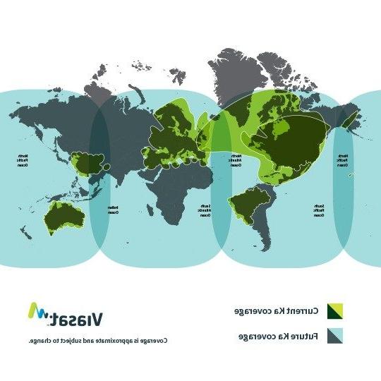 世界平面地图展示了Viasat目前和未来的Ka覆盖范围, 覆盖范围近似和可能改变