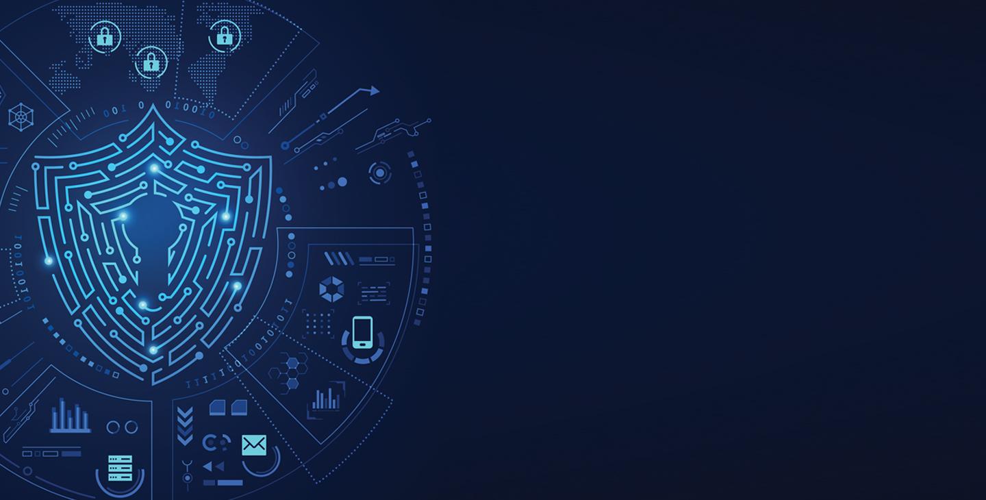 Edge security graphic that looks like a keyhole lit up in vibrant blue surrounded by various cyber elements